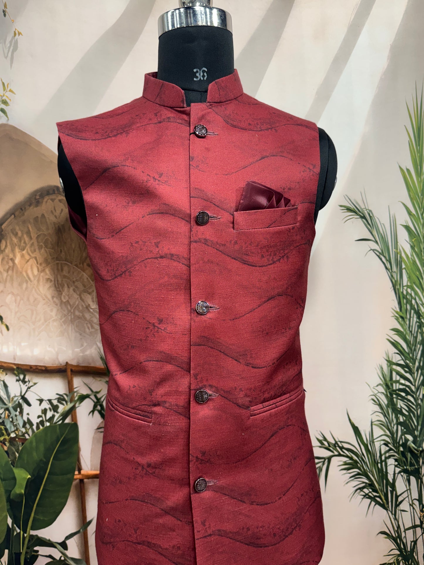 Premium Deep Maroon Textured Men's Koti | Modern Abstract Wavy Nehru Jacket