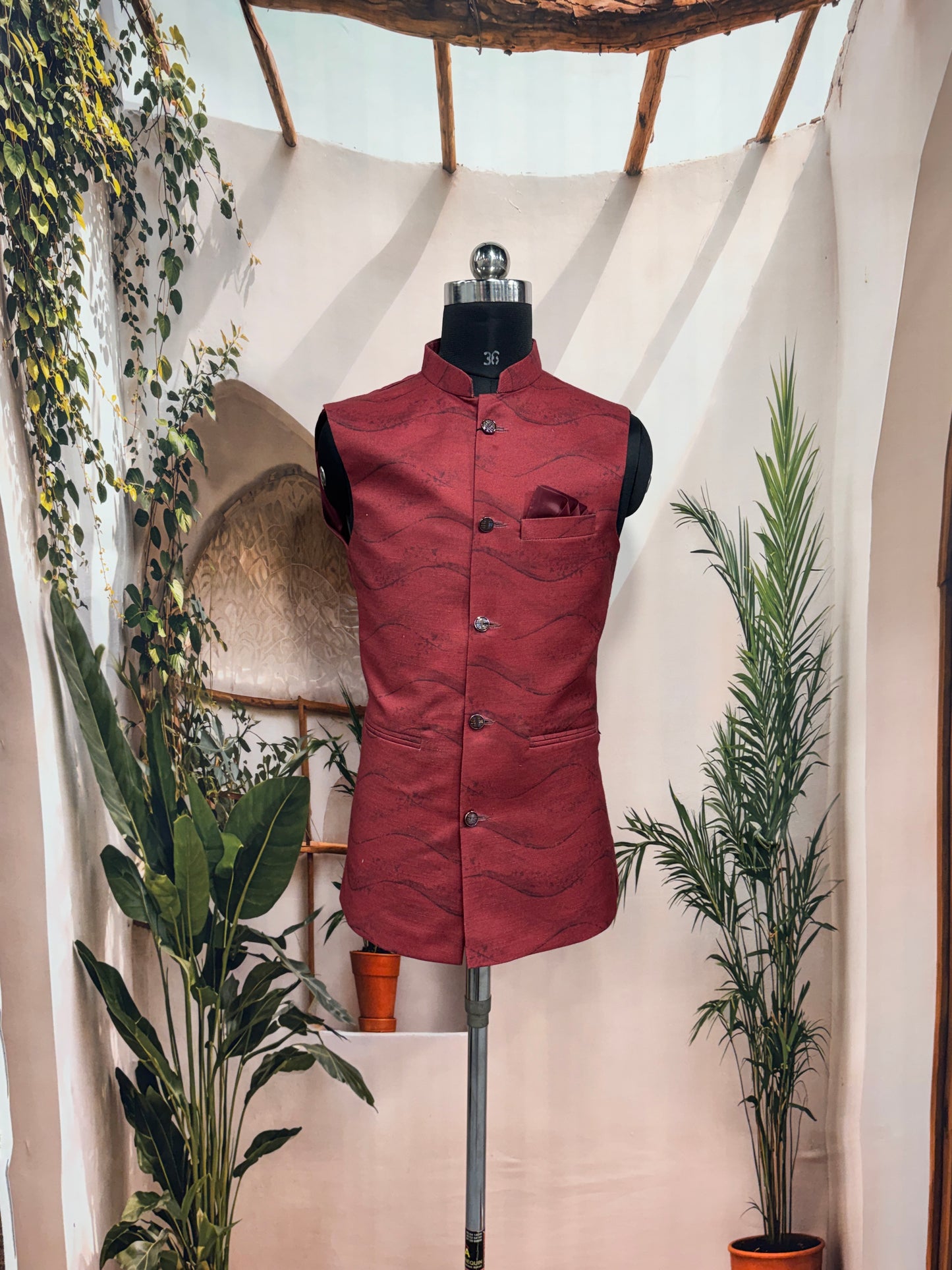 Premium Deep Maroon Textured Men's Koti | Modern Abstract Wavy Nehru Jacket