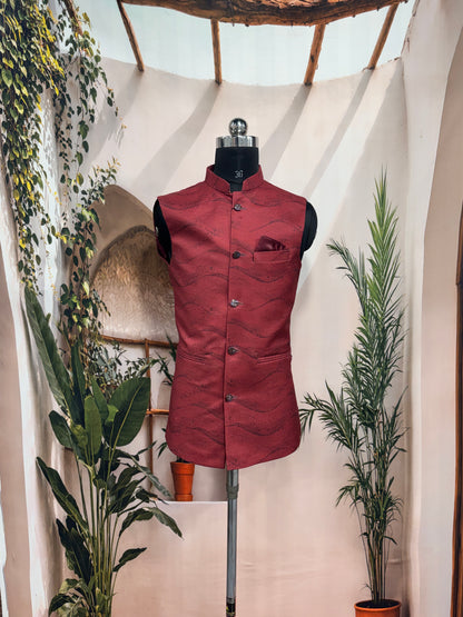 Premium Deep Maroon Textured Men's Koti | Modern Abstract Wavy Nehru Jacket