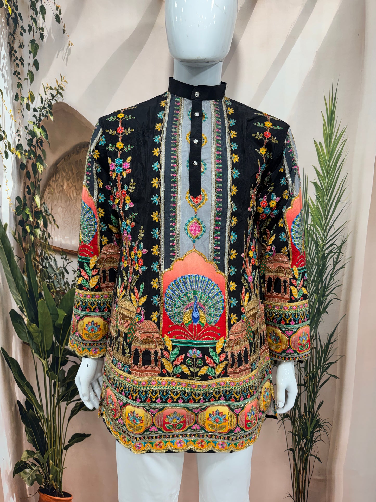Bold Black Men's Kurta with Vibrant Peacock & Heritage Arch Design