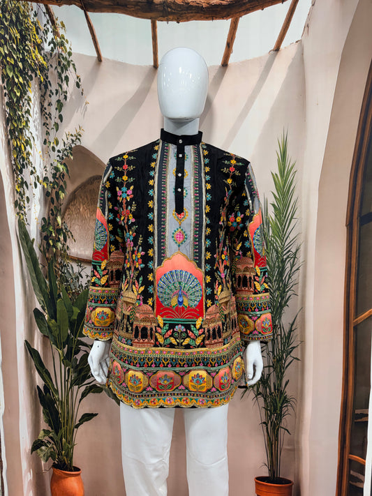 Bold Black Men's Kurta with Vibrant Peacock & Heritage Arch Design