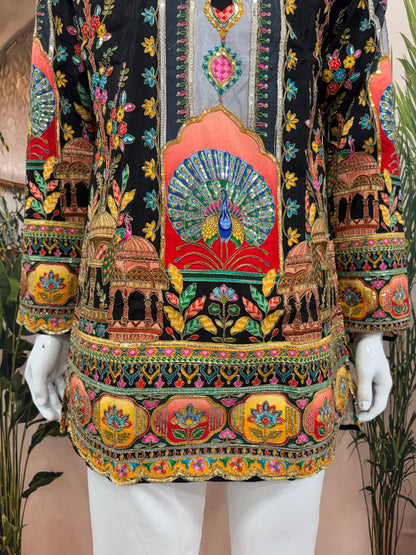 Bold Black Men's Kurta with Vibrant Peacock & Heritage Arch Design
