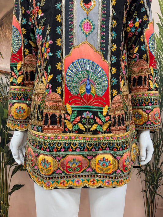 Bold Black Men's Kurta with Vibrant Peacock & Heritage Arch Design