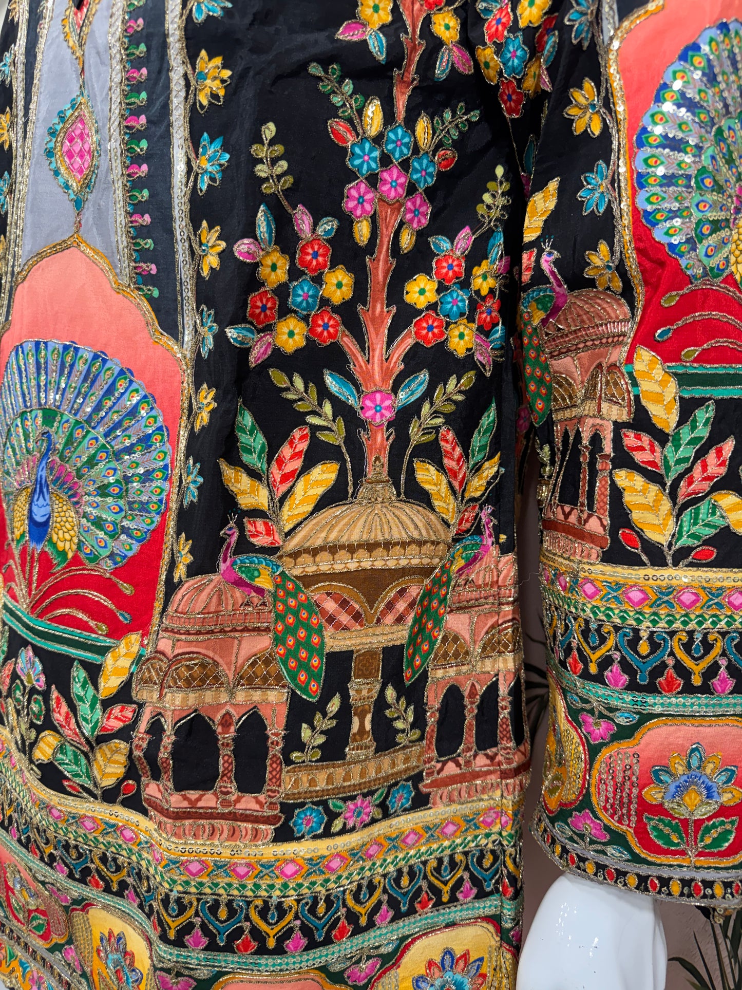 Bold Black Men's Kurta with Vibrant Peacock & Heritage Arch Design