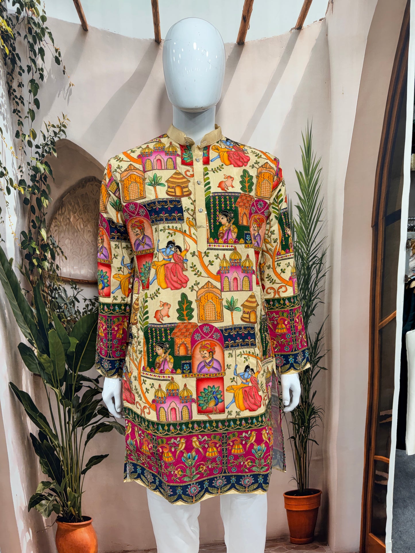 Premium Cream Men's Kurta with Krishna Jhula & Traditional Heritage Art
