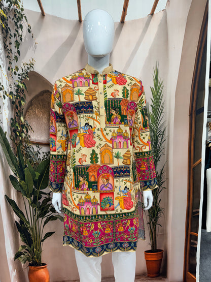 Premium Cream Men's Kurta with Krishna Jhula & Traditional Heritage Art