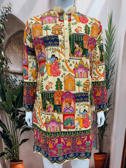 Premium Cream Men's Kurta with Krishna Jhula & Traditional Heritage Art