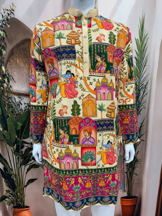 Premium Cream Men's Kurta with Krishna Jhula & Traditional Heritage Art