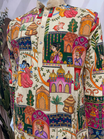 Premium Cream Men's Kurta with Krishna Jhula & Traditional Heritage Art
