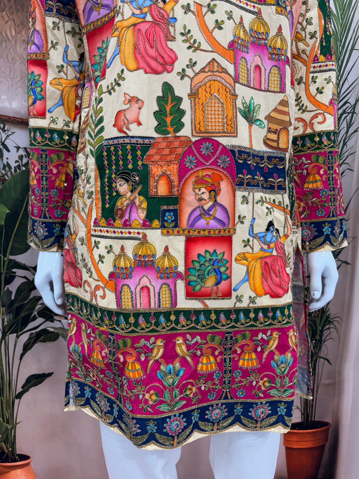 Premium Cream Men's Kurta with Krishna Jhula & Traditional Heritage Art