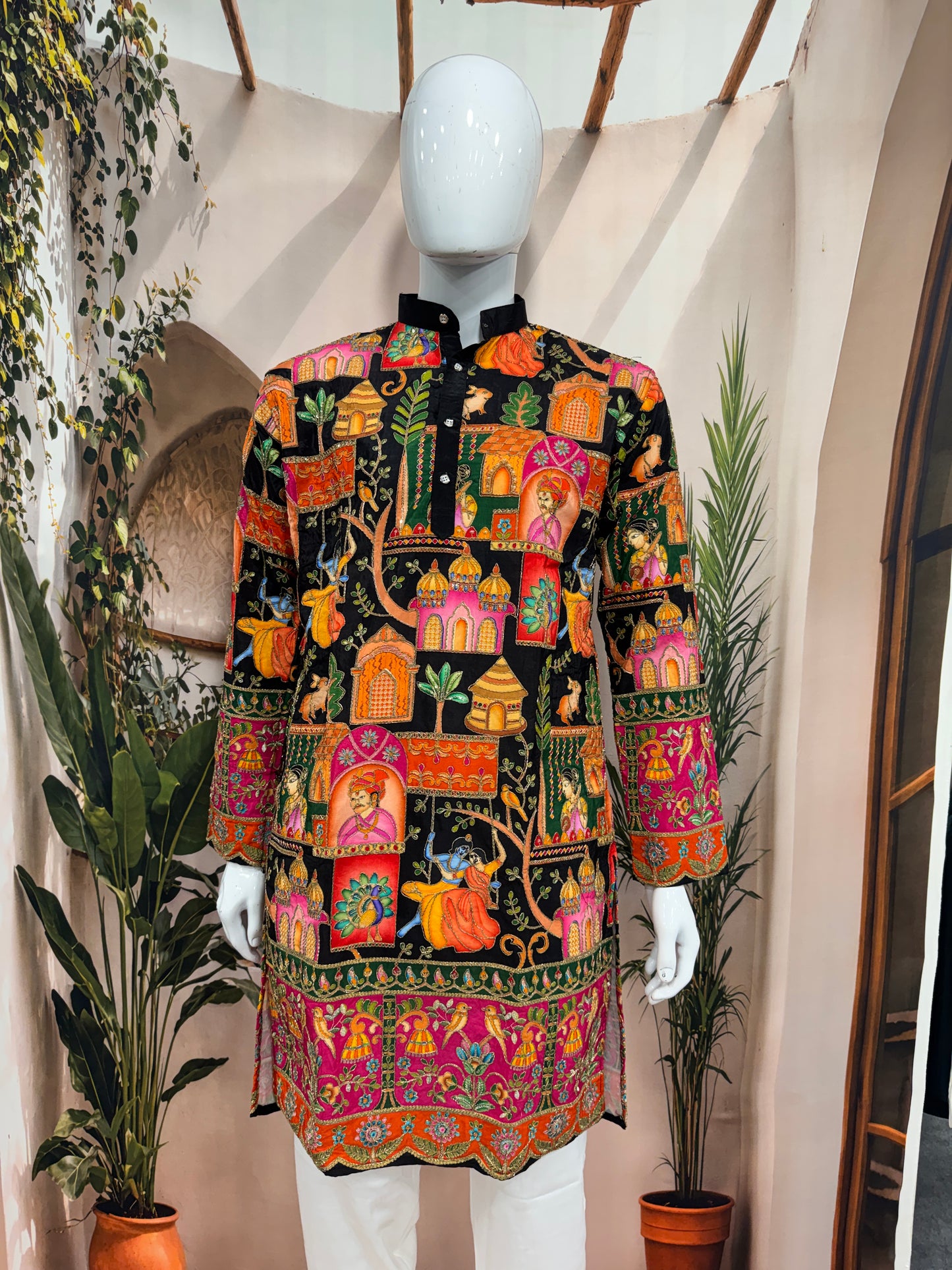 Premium Black Men's Kurta with Krishna Jhula & Traditional Heritage Art