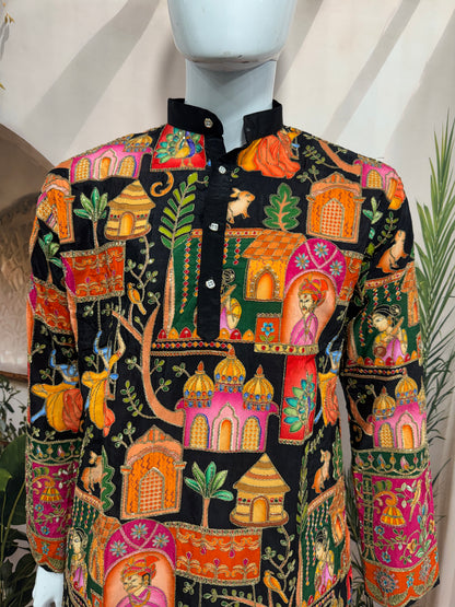 Premium Black Men's Kurta with Krishna Jhula & Traditional Heritage Art