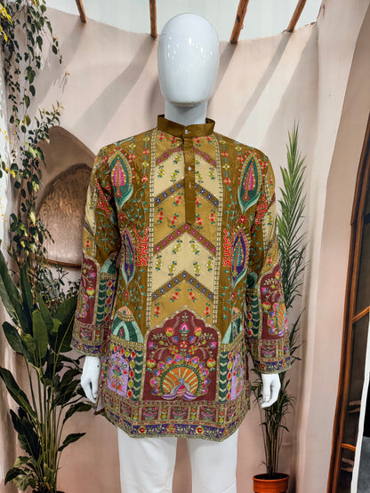Premium Mehndi Green Chevron Men's Kurta with Peacock Motif