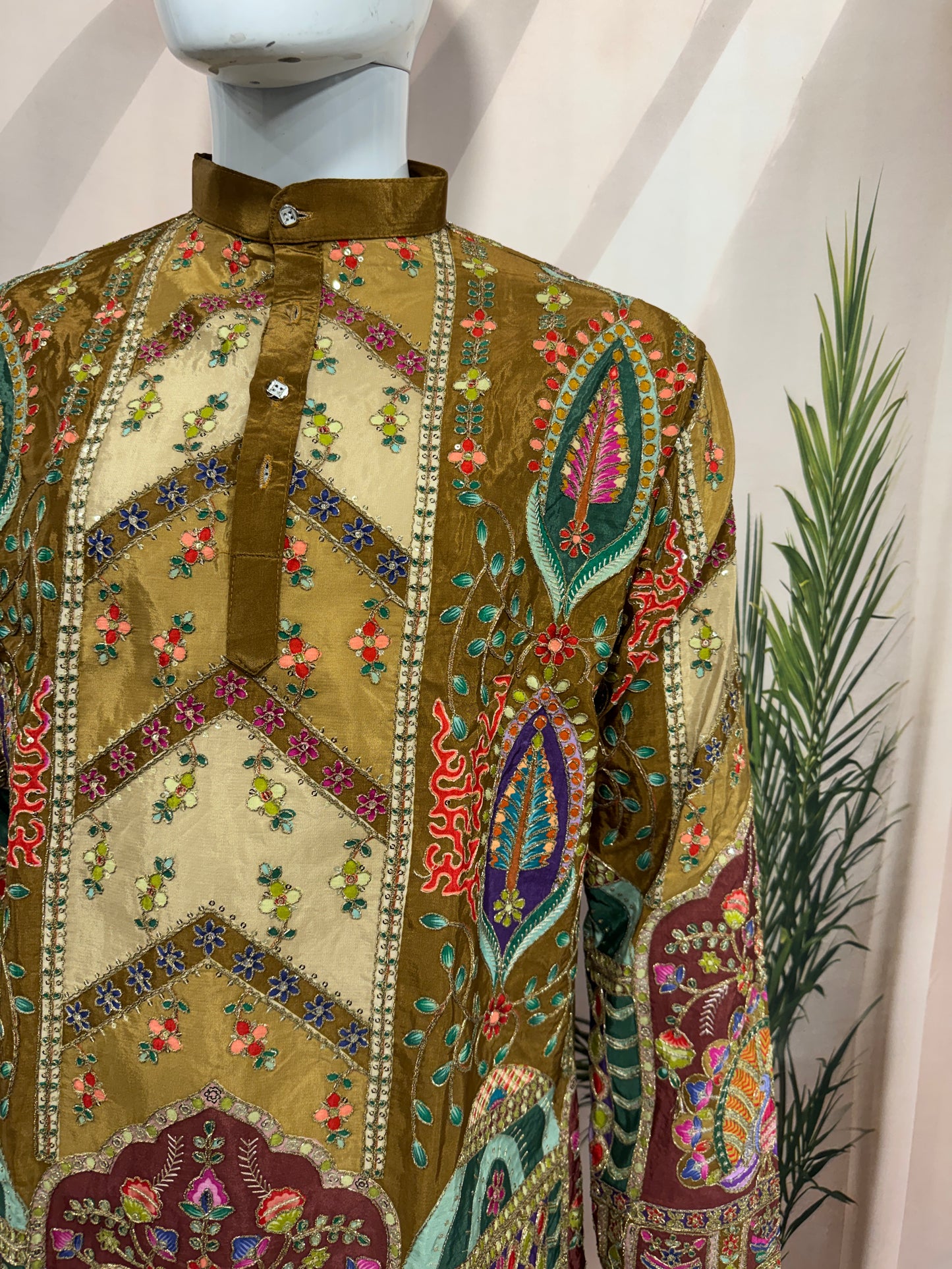 Premium Mehndi Green Chevron Men's Kurta with Peacock Motif