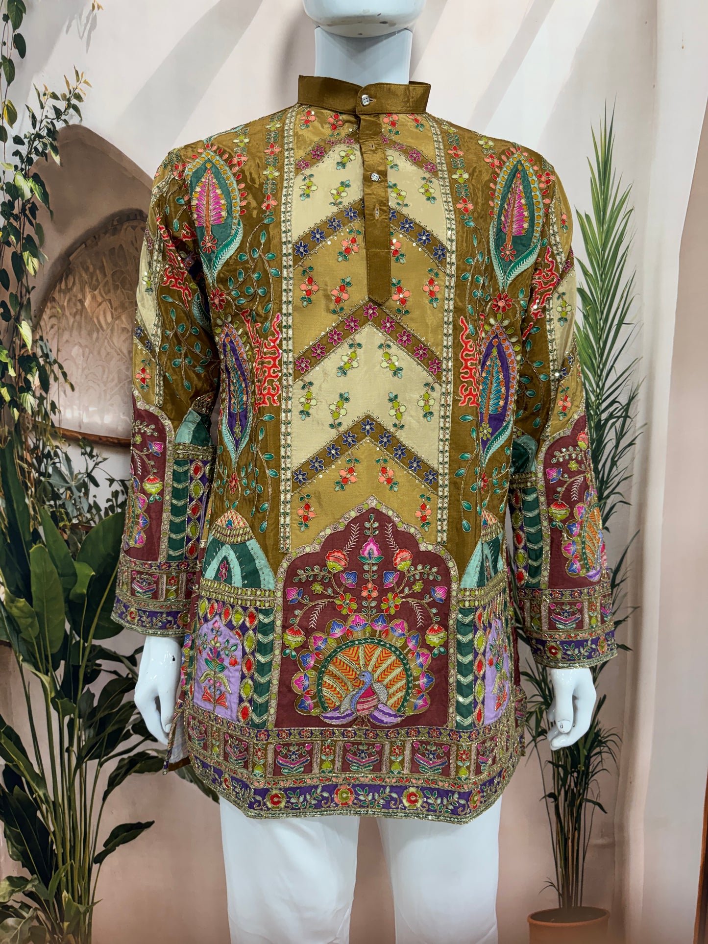 Premium Mehndi Green Chevron Men's Kurta with Peacock Motif