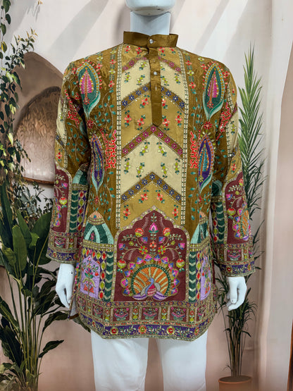 Premium Mehndi Green Chevron Men's Kurta with Peacock Motif