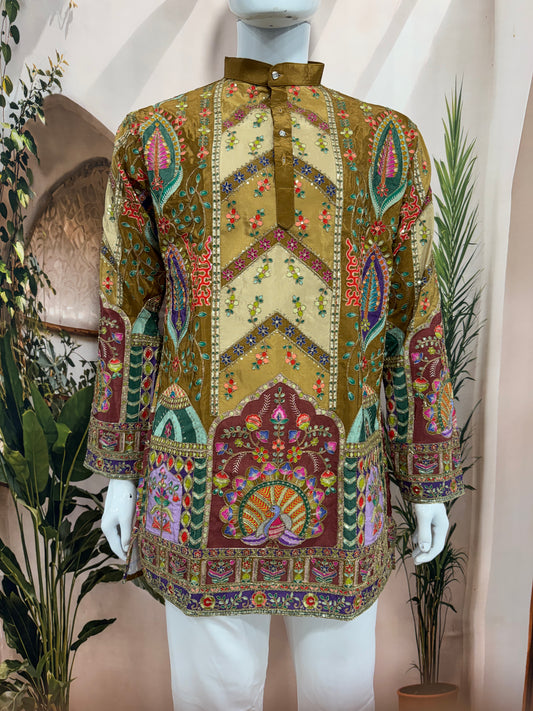 Premium Mehndi Green Chevron Men's Kurta with Peacock Motif