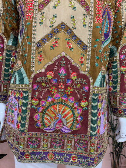 Premium Mehndi Green Chevron Men's Kurta with Peacock Motif
