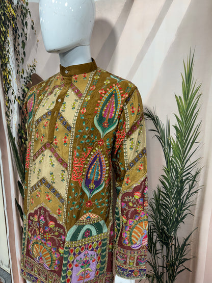 Premium Mehndi Green Chevron Men's Kurta with Peacock Motif