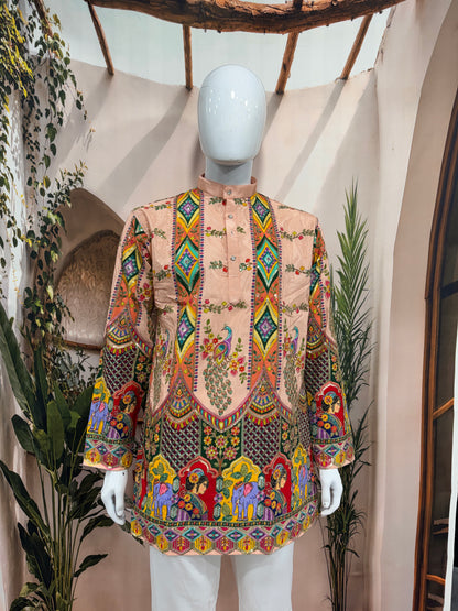 Premium Peach Men's Kurta with Royal Elephant & Heritage Motifs