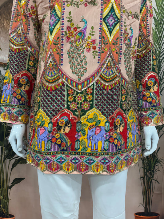 Premium Peach Men's Kurta with Royal Elephant & Heritage Motifs