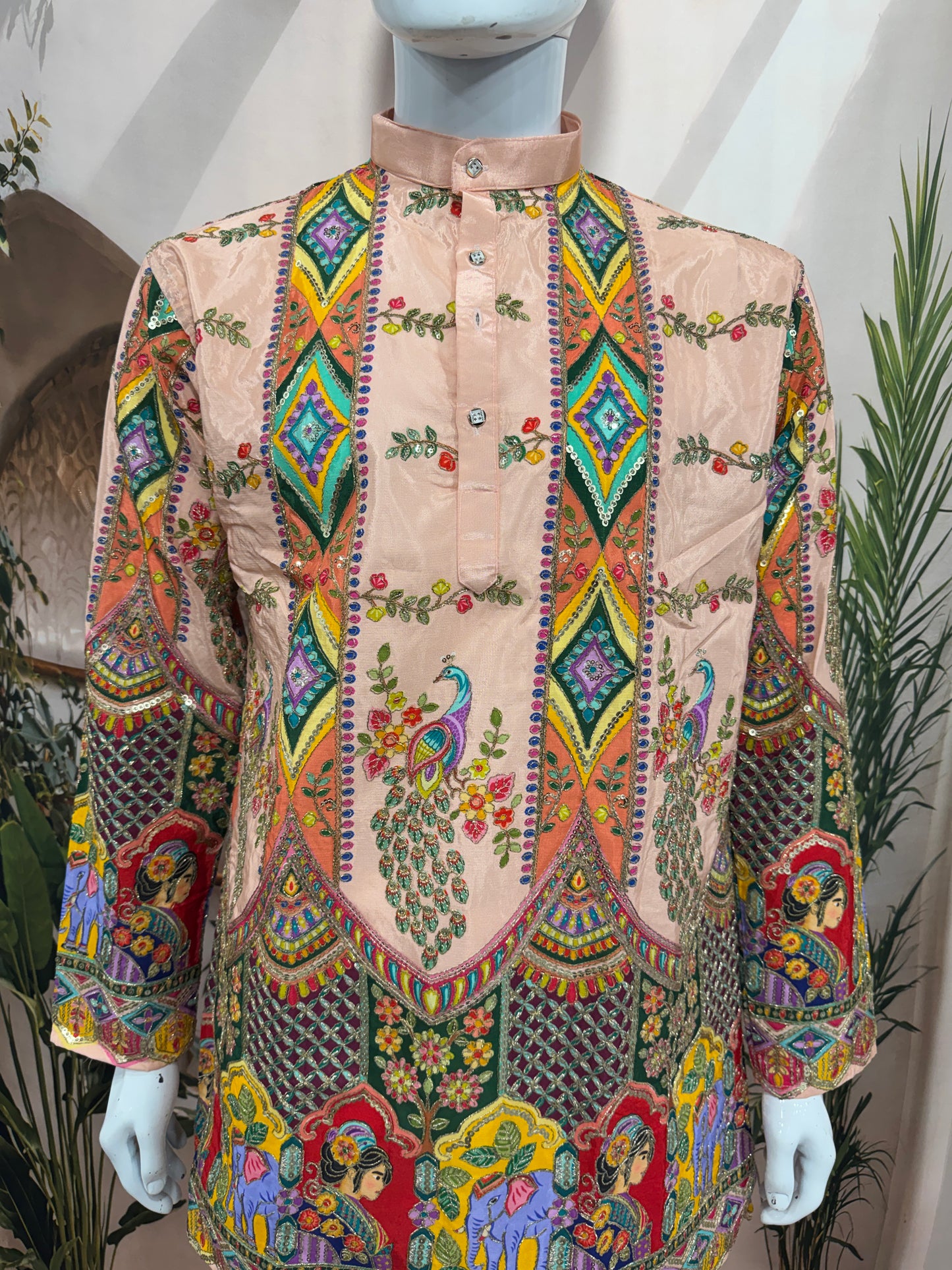 Premium Peach Men's Kurta with Royal Elephant & Heritage Motifs