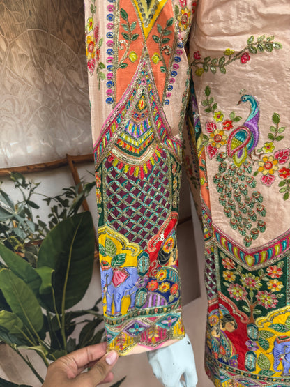 Premium Peach Men's Kurta with Royal Elephant & Heritage Motifs