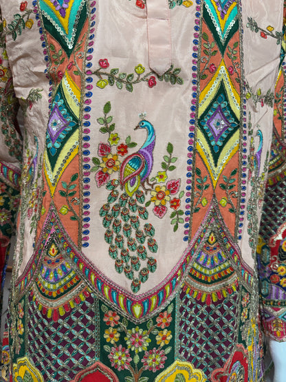 Premium Peach Men's Kurta with Royal Elephant & Heritage Motifs