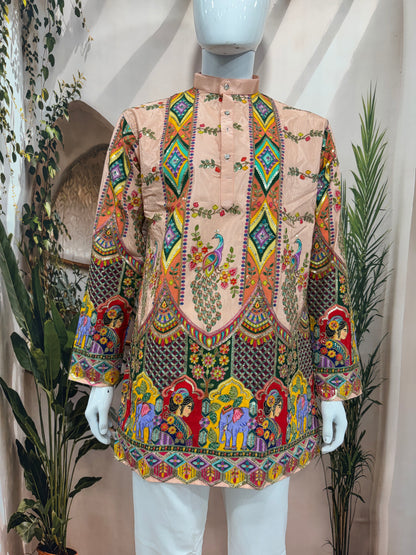 Premium Peach Men's Kurta with Royal Elephant & Heritage Motifs