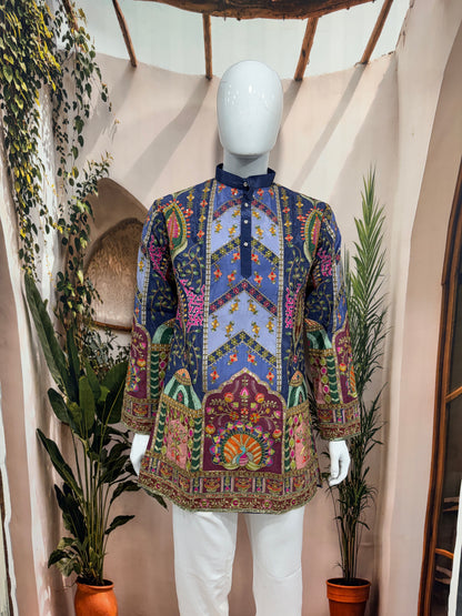 Multi-Color Chevron Panel Men's Kurta with Peacock Motif