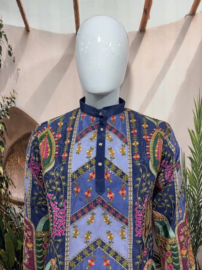 Multi-Color Chevron Panel Men's Kurta with Peacock Motif