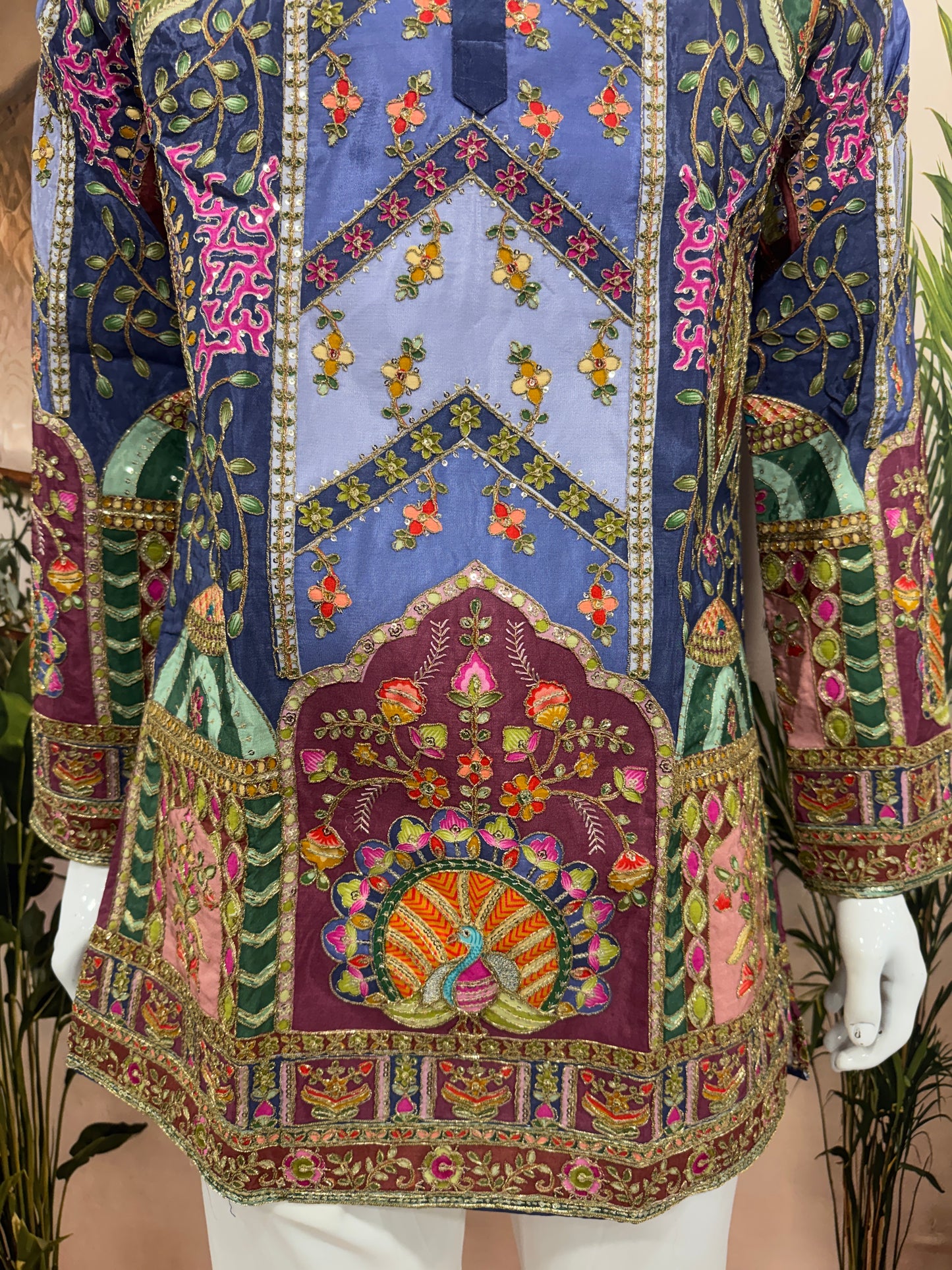 Multi-Color Chevron Panel Men's Kurta with Peacock Motif