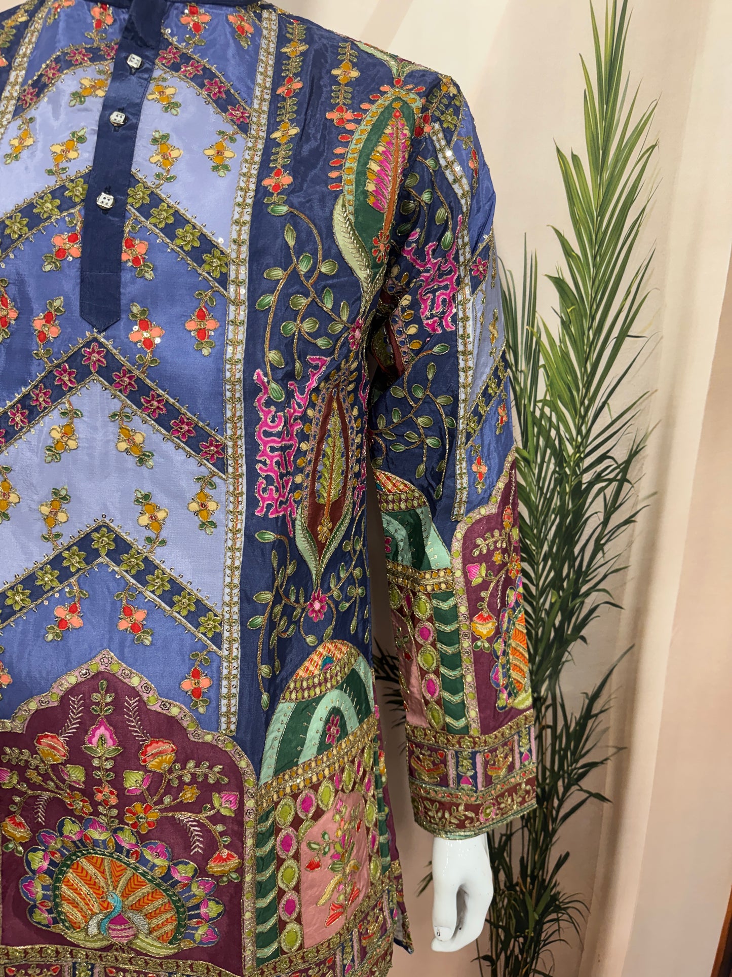 Multi-Color Chevron Panel Men's Kurta with Peacock Motif