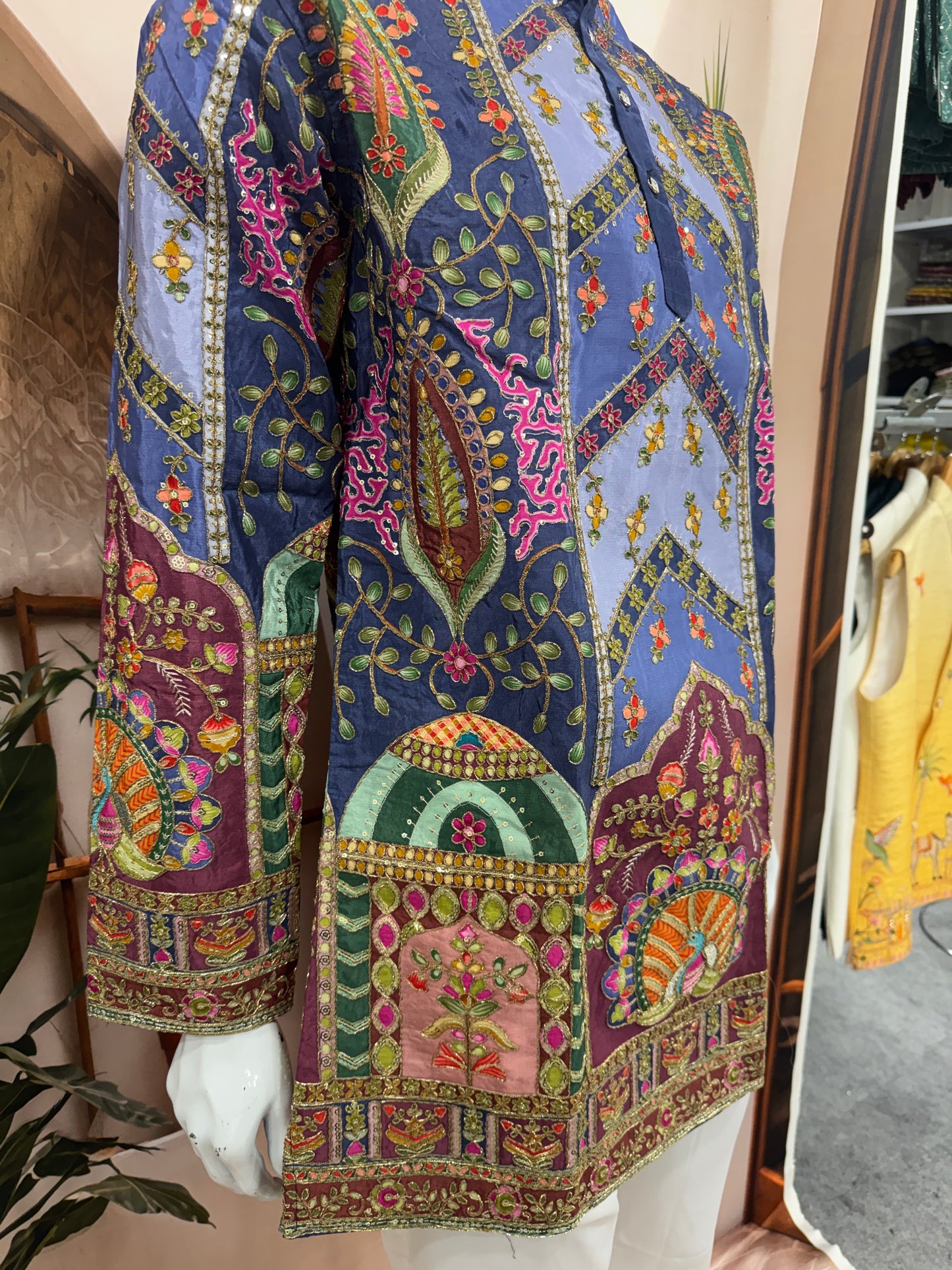 Multi-Color Chevron Panel Men's Kurta with Peacock Motif