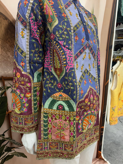 Multi-Color Chevron Panel Men's Kurta with Peacock Motif