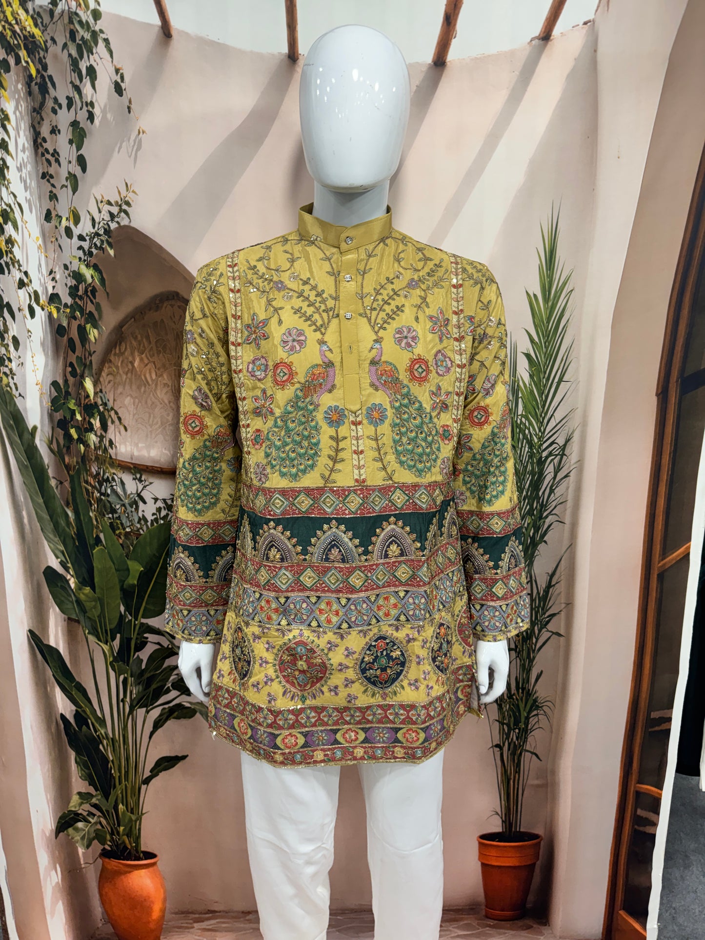 Royal Golden Yellow Men's Kurta with Peacock & Geometric Design