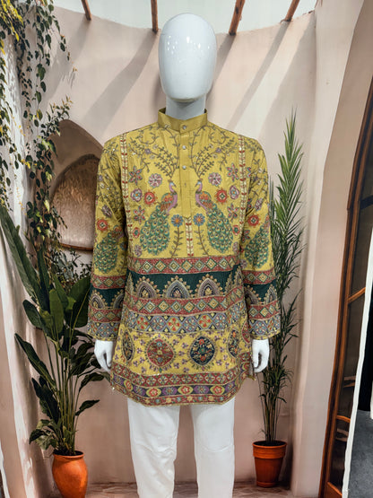 Royal Golden Yellow Men's Kurta with Peacock & Geometric Design