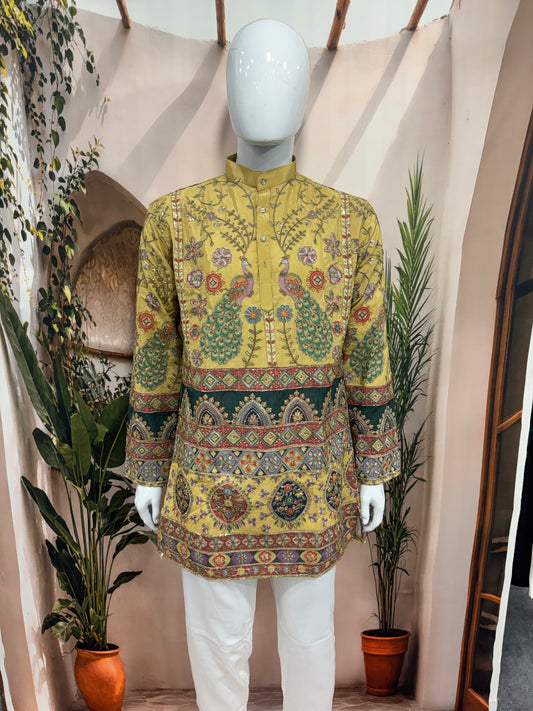 Royal Golden Yellow Men's Kurta with Peacock & Geometric Design