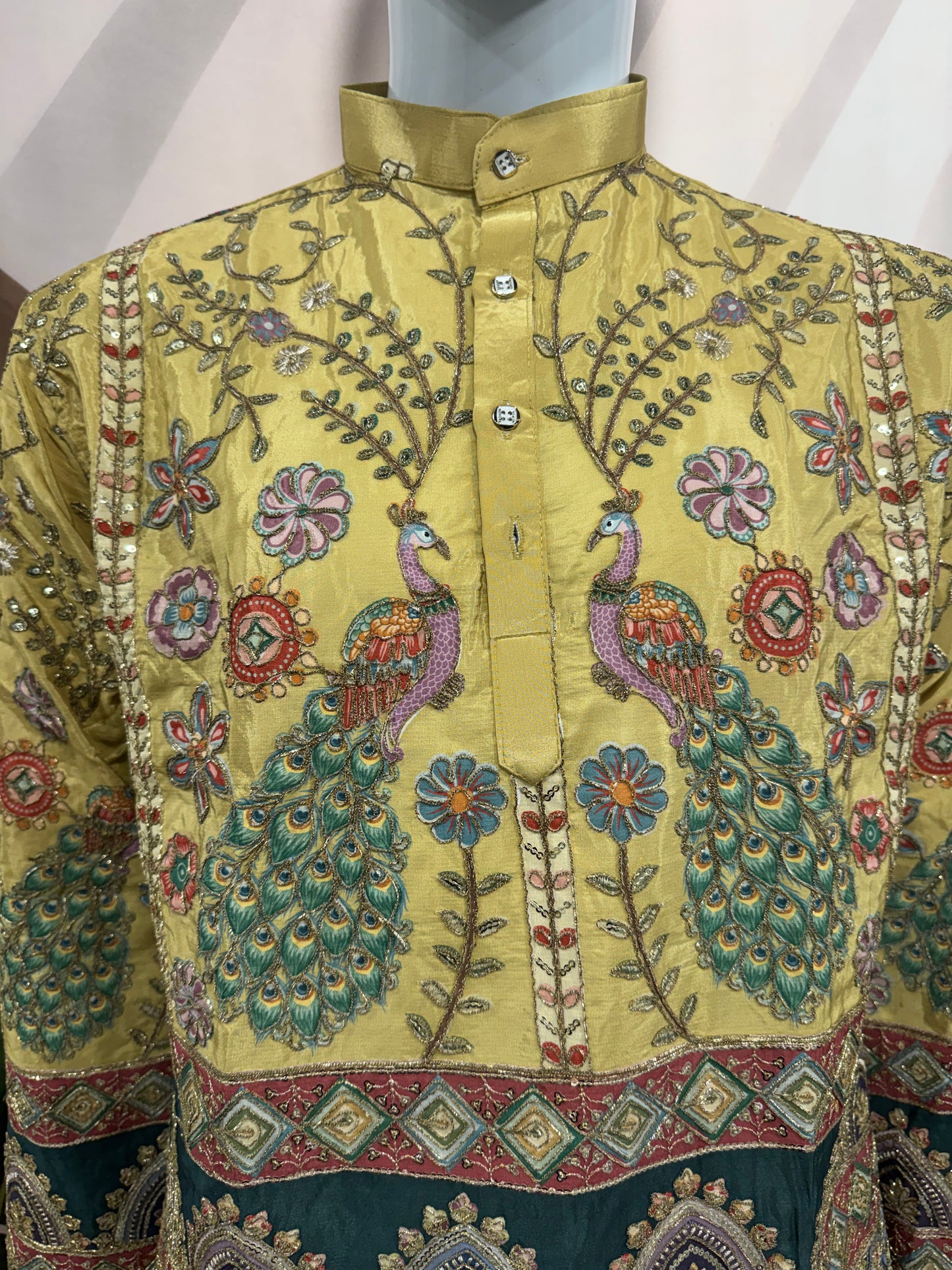 Royal Golden Yellow Men's Kurta with Peacock & Geometric Design