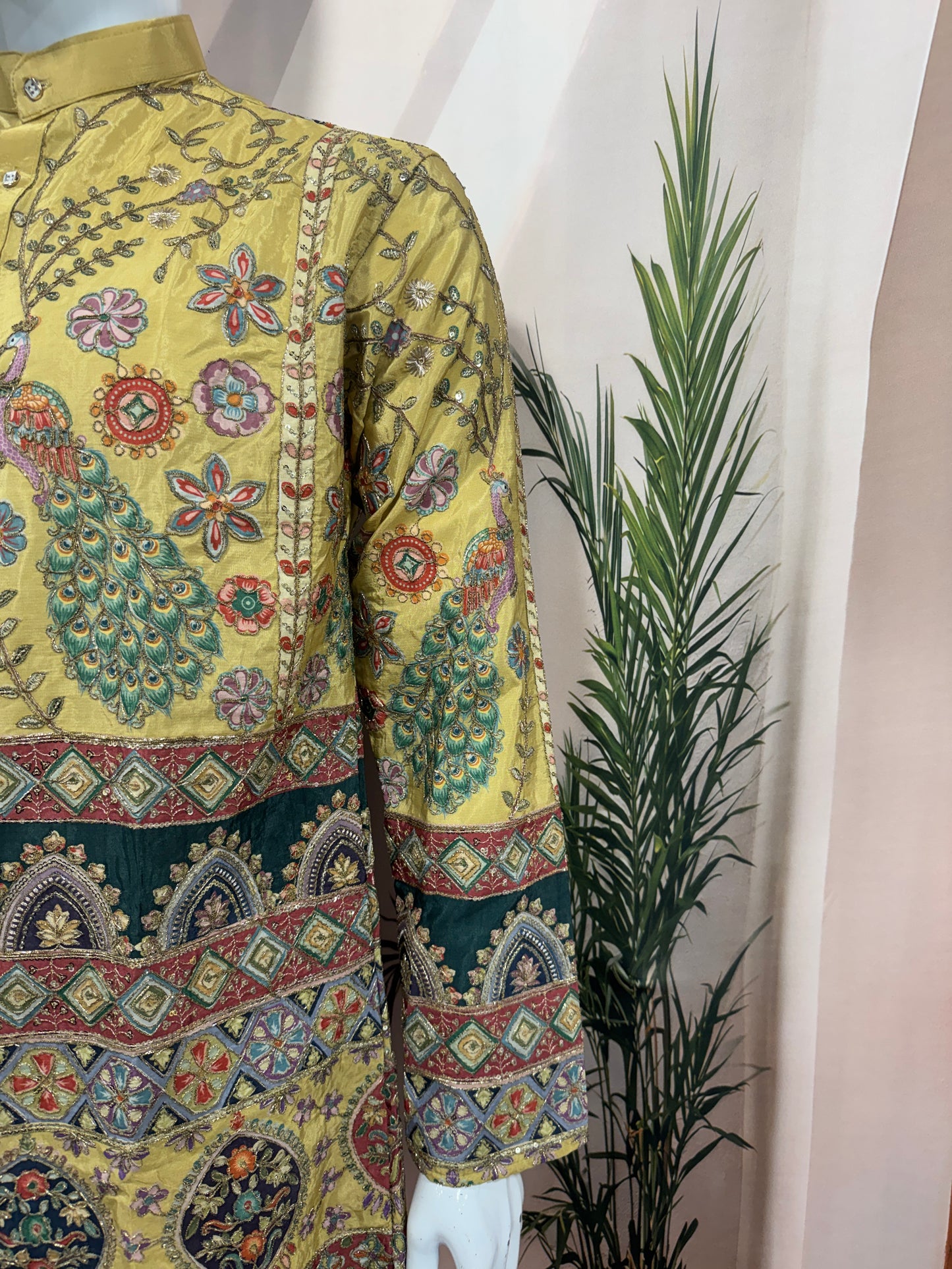 Royal Golden Yellow Men's Kurta with Peacock & Geometric Design