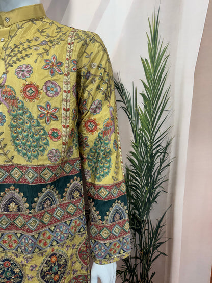 Royal Golden Yellow Men's Kurta with Peacock & Geometric Design