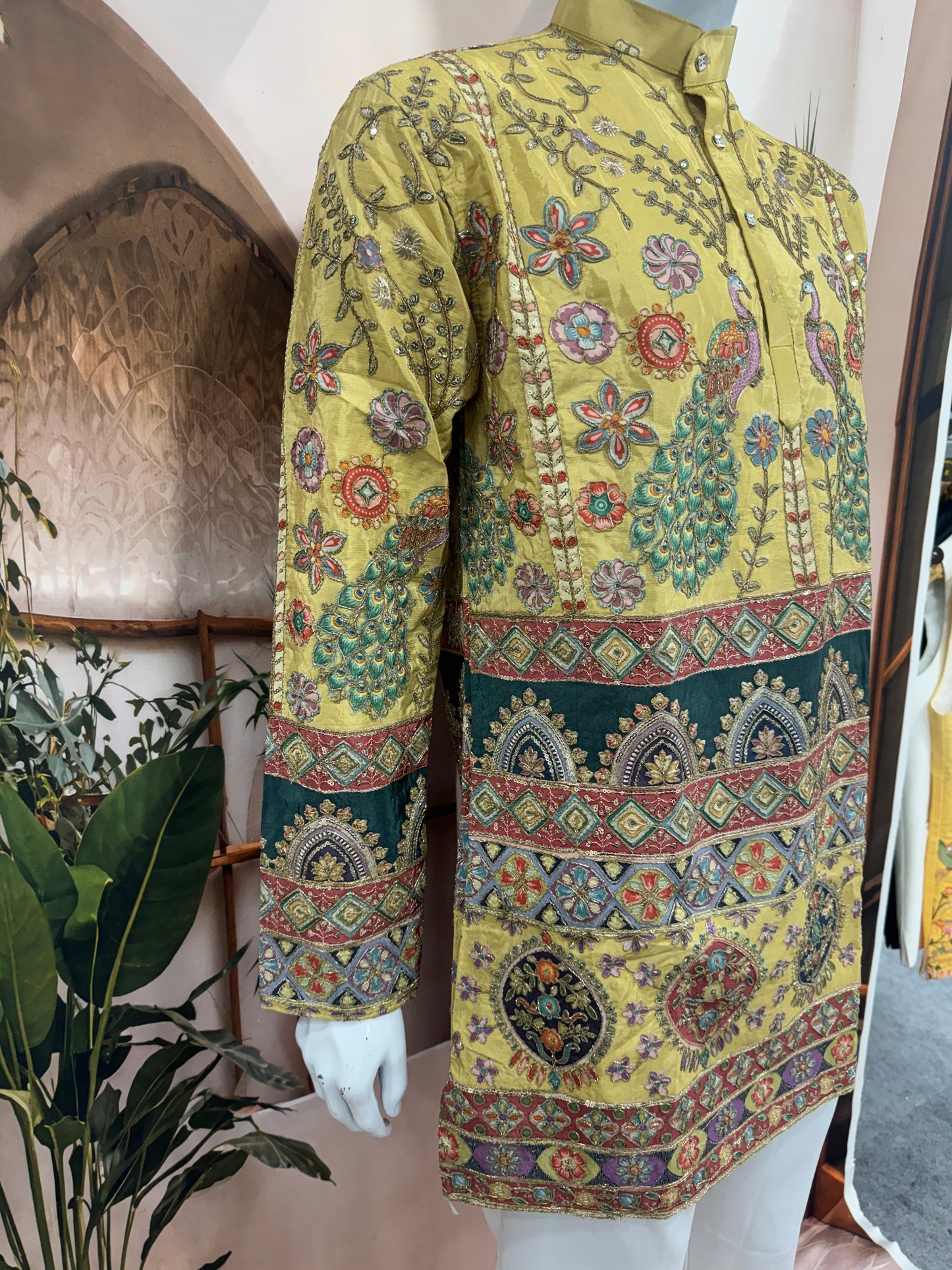 Royal Golden Yellow Men's Kurta with Peacock & Geometric Design