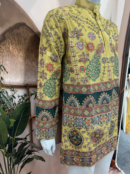 Royal Golden Yellow Men's Kurta with Peacock & Geometric Design