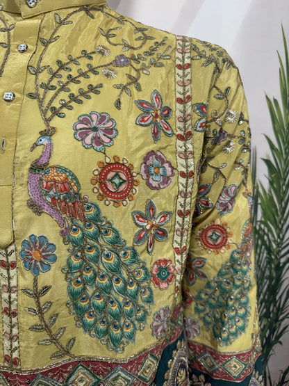 Royal Golden Yellow Men's Kurta with Peacock & Geometric Design