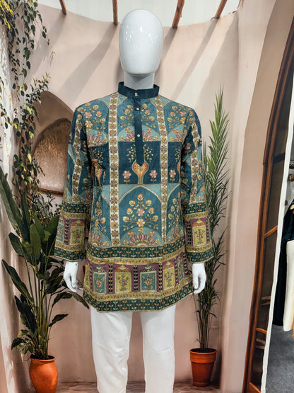 Royal Teal Blue Men's Kurta with Heritage Floral Arch Design