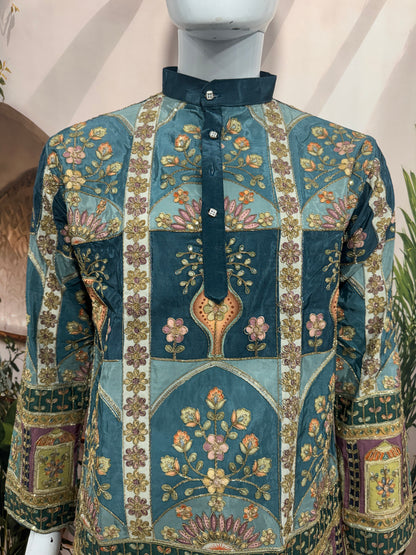 Royal Teal Blue Men's Kurta with Heritage Floral Arch Design
