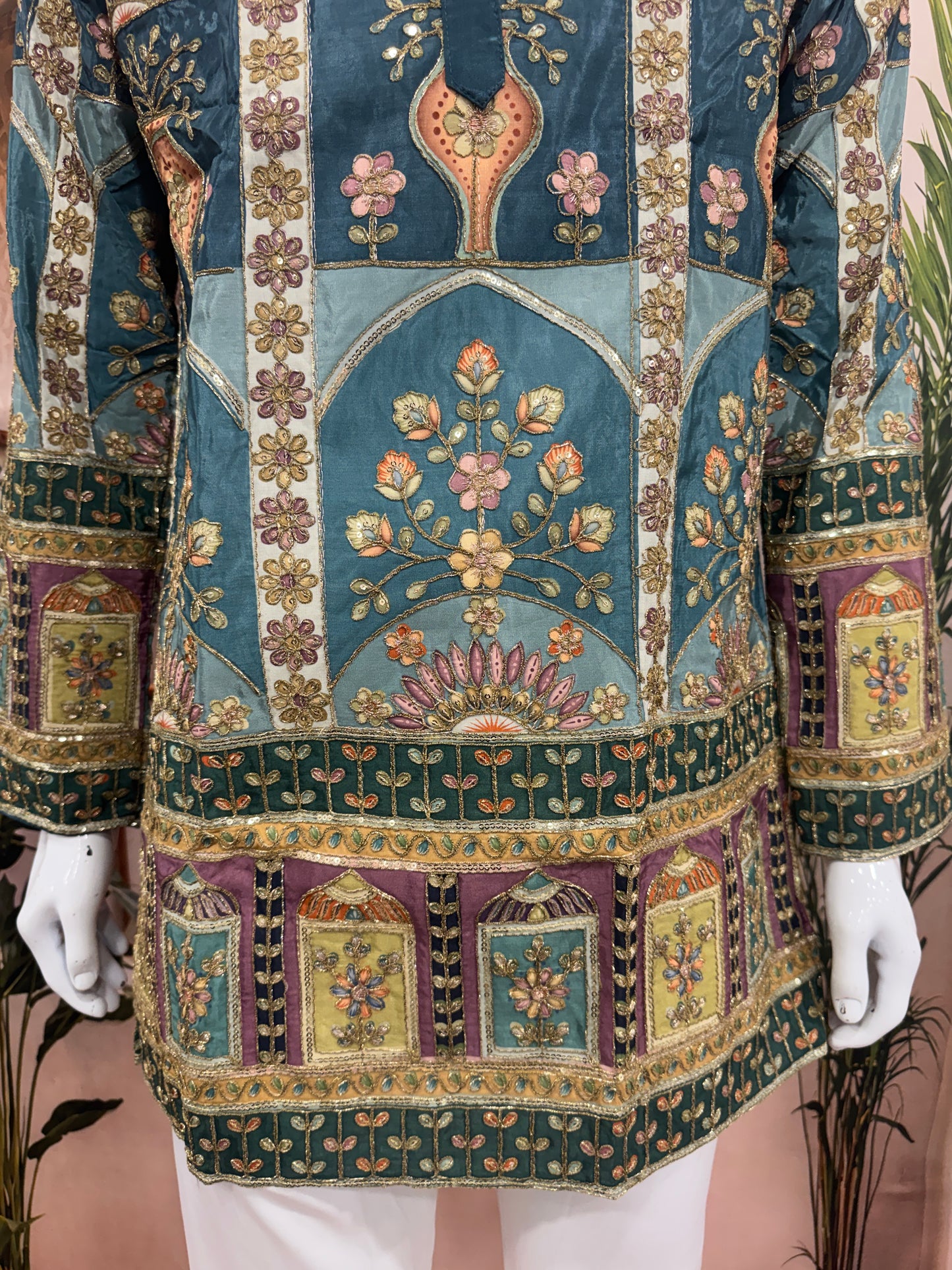 Royal Teal Blue Men's Kurta with Heritage Floral Arch Design