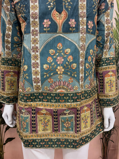 Royal Teal Blue Men's Kurta with Heritage Floral Arch Design