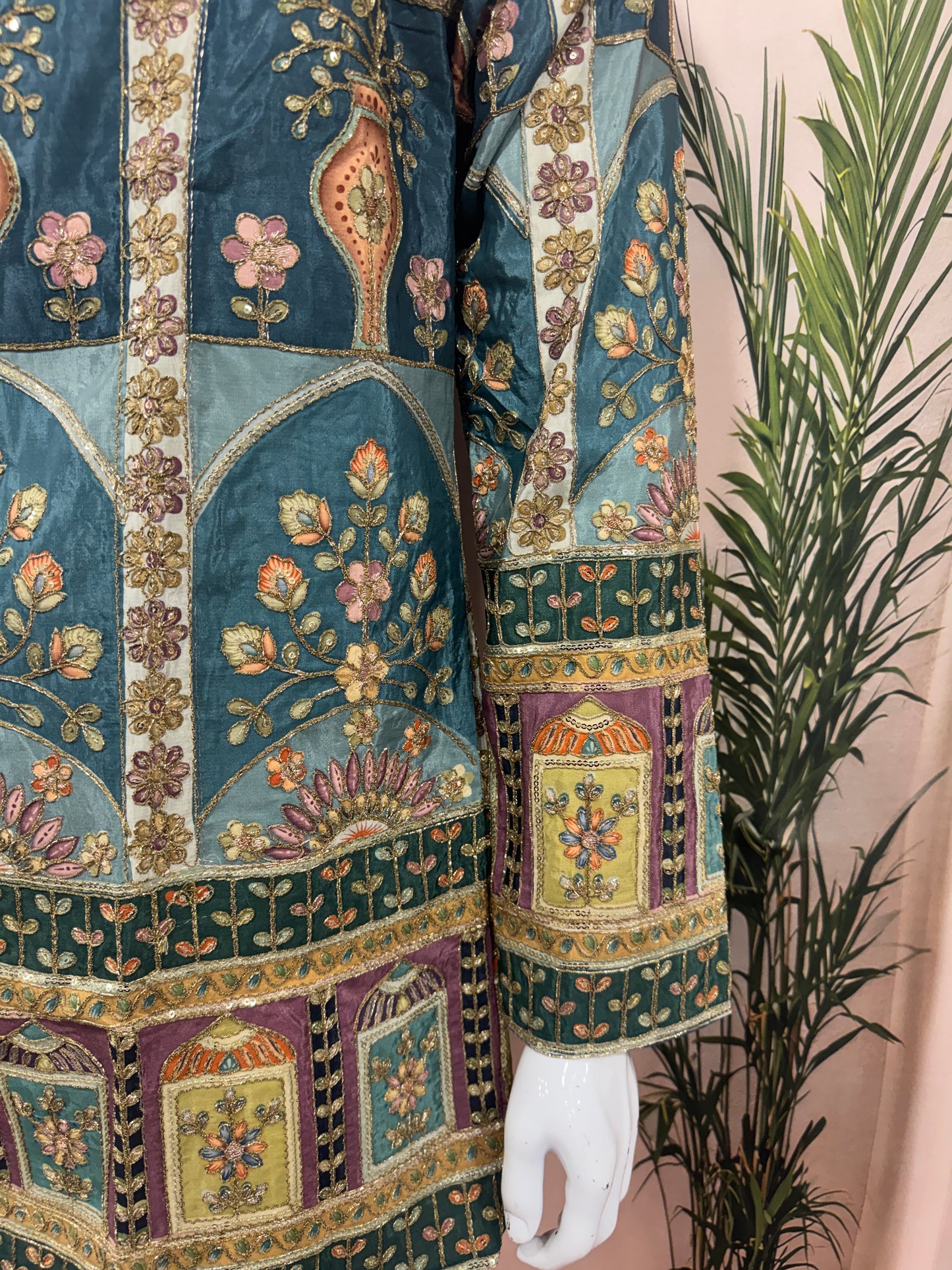 Royal Teal Blue Men's Kurta with Heritage Floral Arch Design