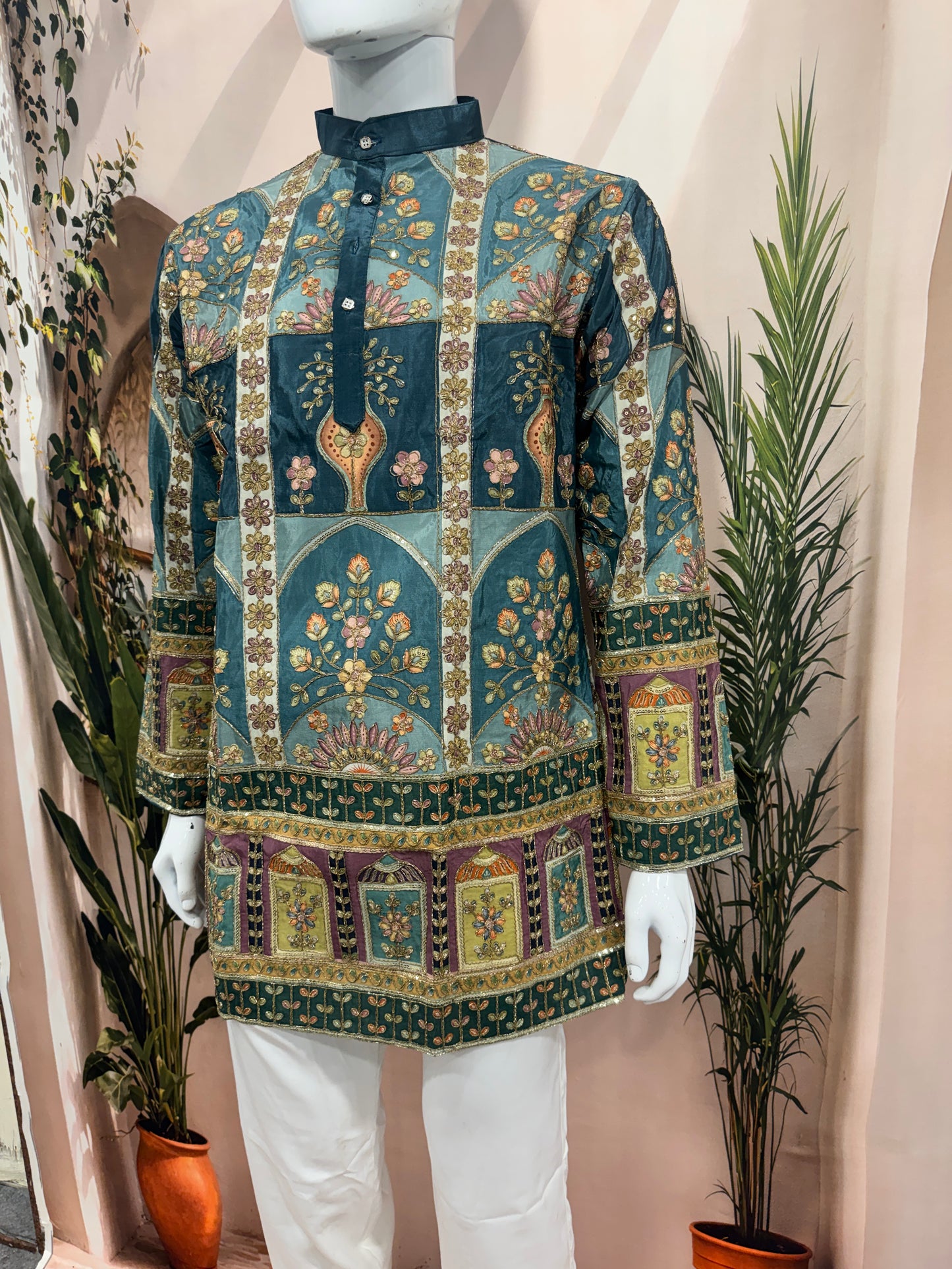Royal Teal Blue Men's Kurta with Heritage Floral Arch Design